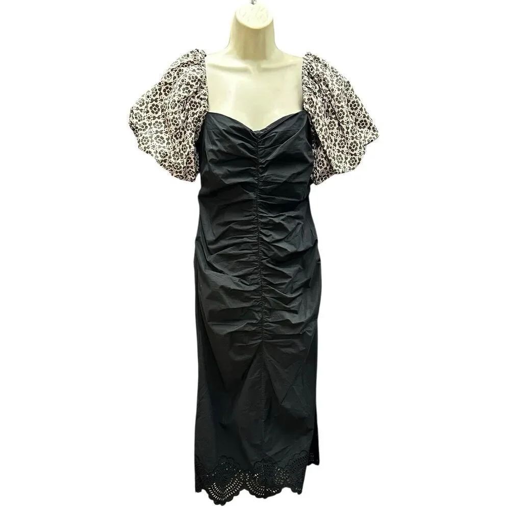 Rhode Ruched Dress with Puff Sleeves in Black NWT Size Small